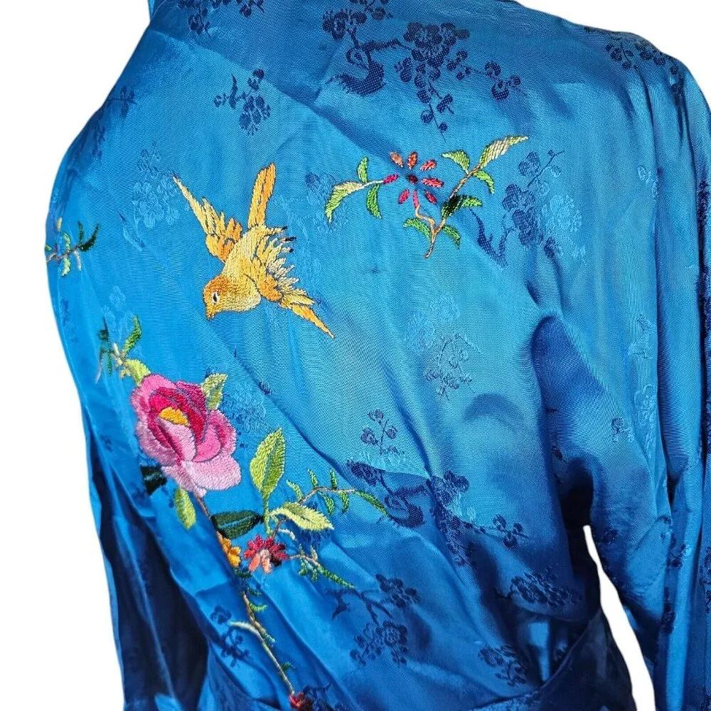 Vintage Chinese Kimono Robe‎ M Satin Blue Embroidered Flowers Bird Bed Jacket